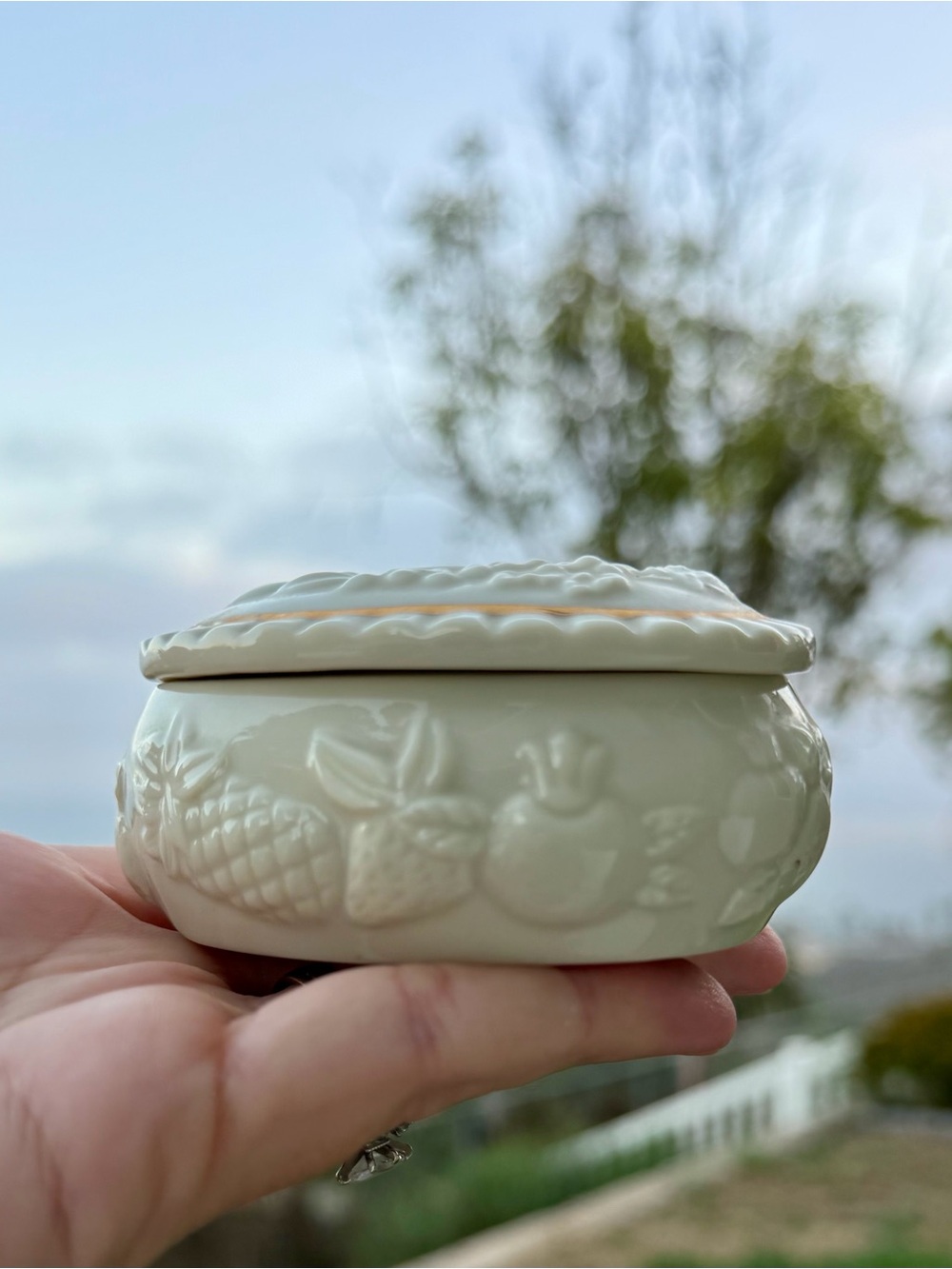 Lenox Cream Glazed Ceramic Jewelry Trinket Box with Fruit Relief Motif